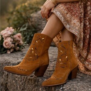 Sundance Tan Italian Leather Suede Studded Ankle Booties